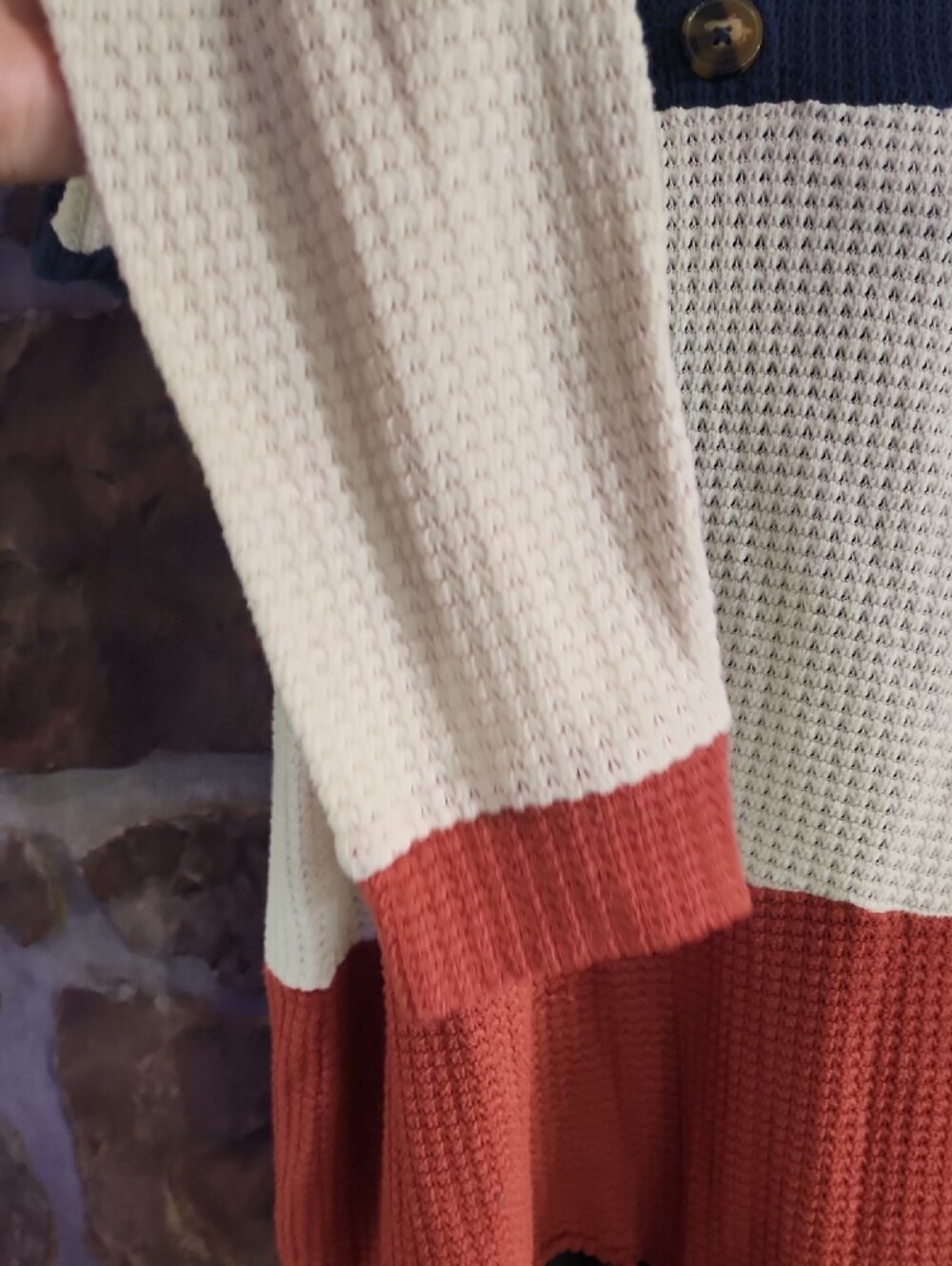 Waffle Knit Colorblock Button Front Pullover - Navy/Ivory/Rust - Picture 5 of 7